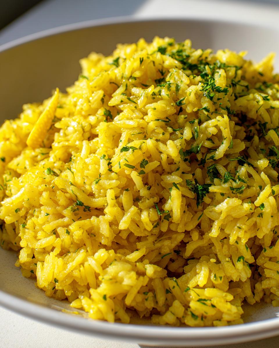 Close-up of bright yellow mediterranean rice seasoned with herbs, served in a light bowl.