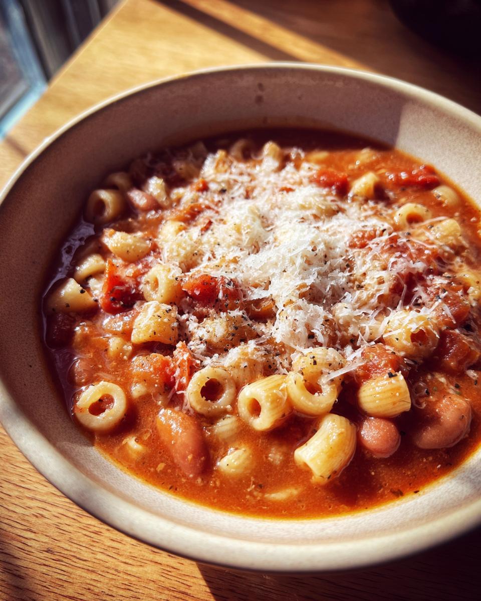 Close-up of a warm bowl of pasta fagioli, featuring small pasta, beans, and tomato broth, topped generously with grated Parmesan.