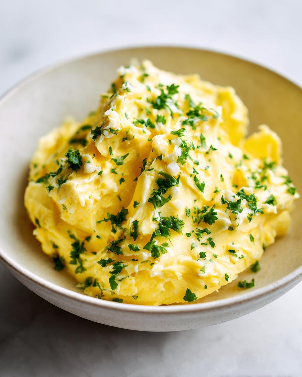 A close-up of freshly whipped garlic butter, speckled with minced garlic and fresh parsley, served in a light-colored bowl.