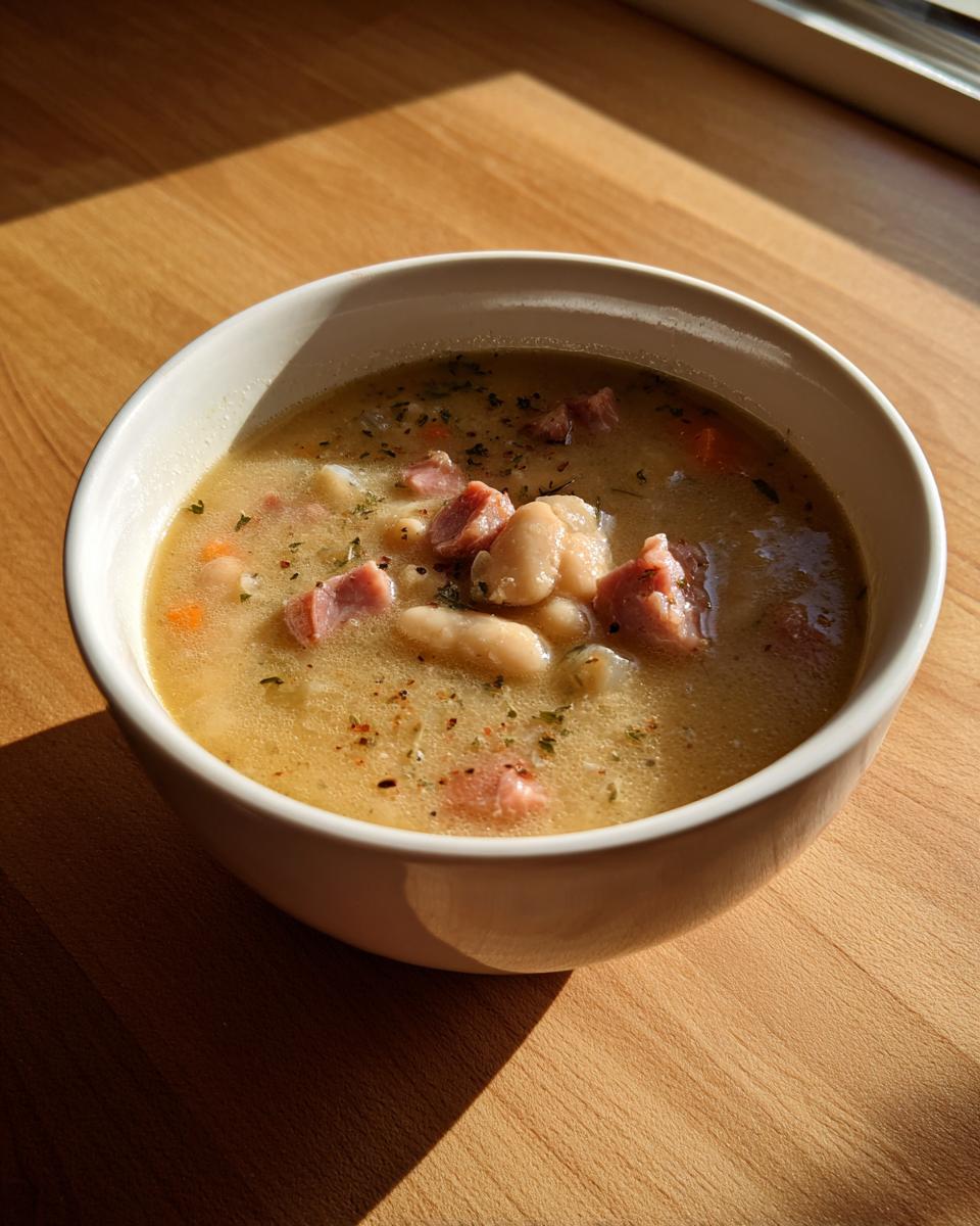 A close-up of a bowl filled with creamy white bean and ham soup, garnished with herbs.