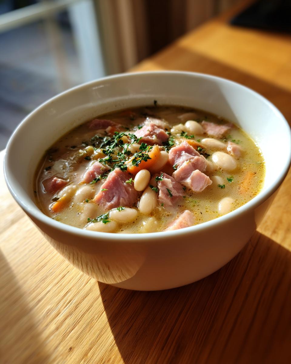 Close-up of a bowl of creamy white bean and ham soup, garnished with fresh parsley, sitting on a sunlit wooden table.