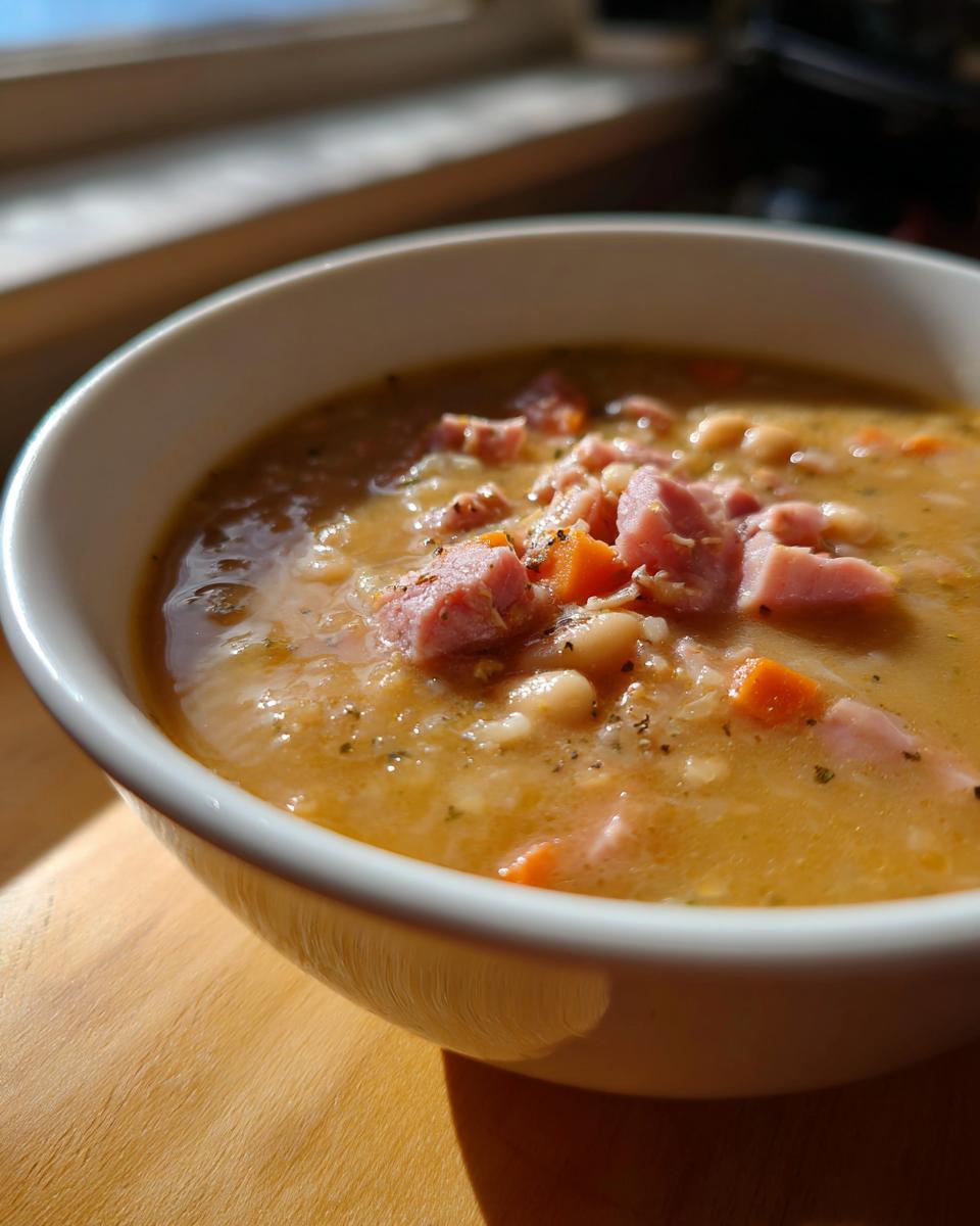 Close-up of a steaming bowl of thick white bean and ham soup, featuring visible chunks of ham and carrots.