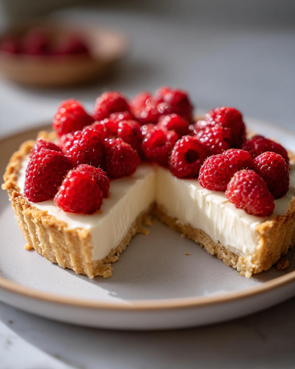 A close-up of a white chocolate mousse tart with a slice removed, topped generously with fresh red raspberries.