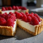 Close-up of a slice removed from a white chocolate mousse tart topped generously with fresh red raspberries.