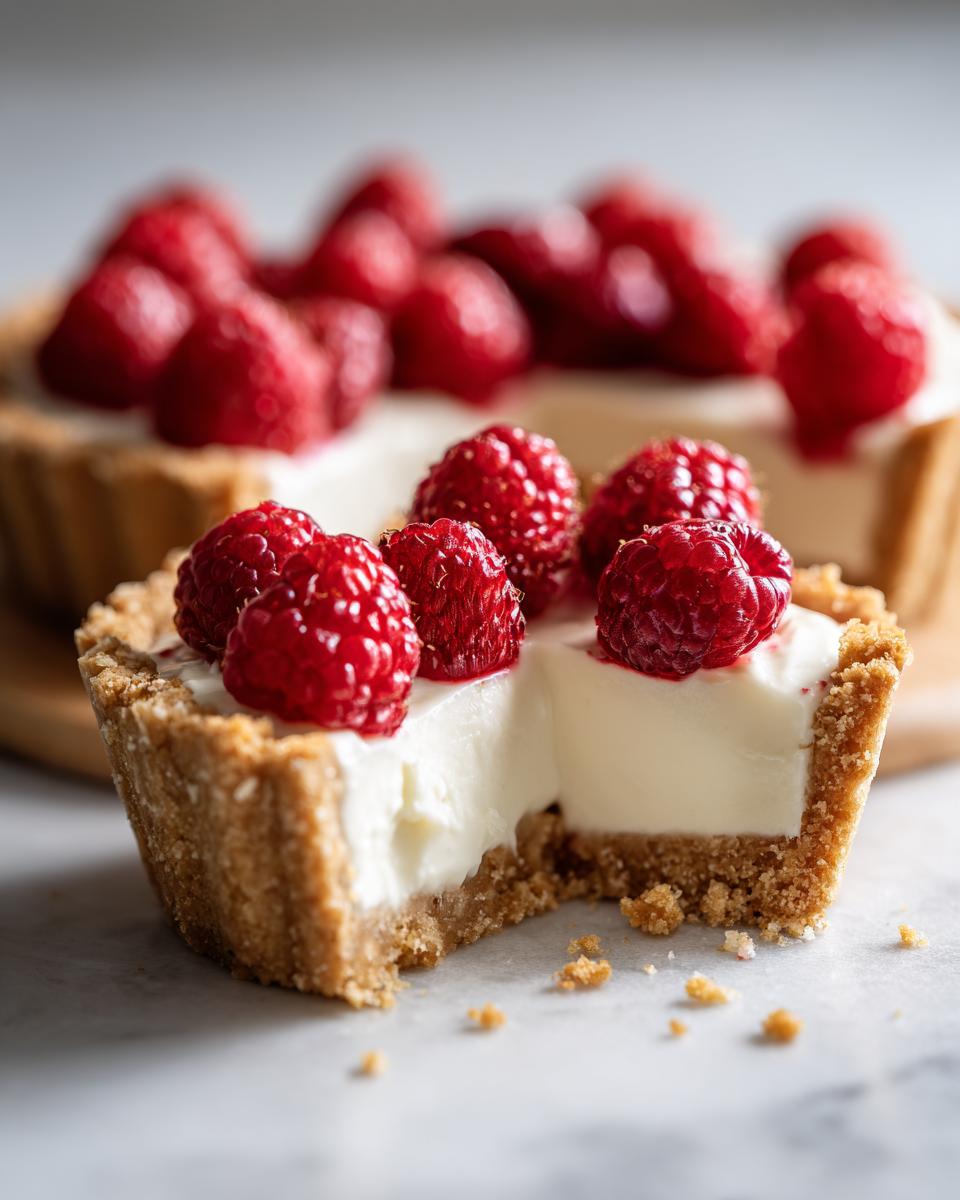 A close-up, cross-section view of a single serving white chocolate mousse tart with a bite taken out, topped with fresh raspberries.