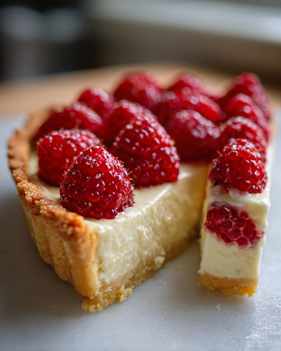 Close-up of a slice of white chocolate mousse tart topped generously with fresh, glistening raspberries.
