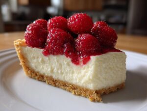 A close-up of a slice of creamy white chocolate mousse tart with a graham cracker crust, topped with fresh raspberries and glaze.