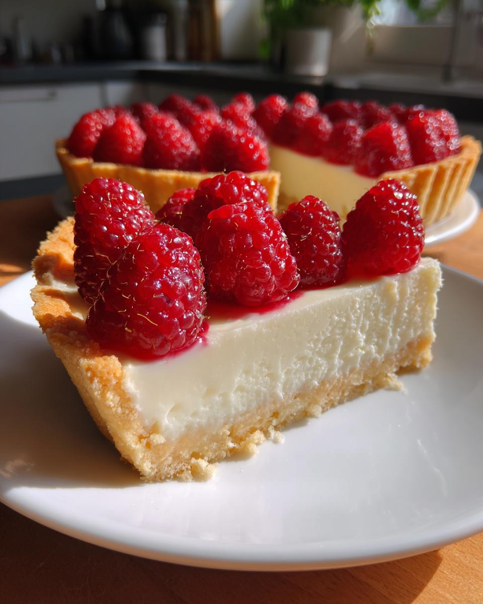 A close-up slice of white chocolate mousse tart topped with fresh raspberries on a white plate.