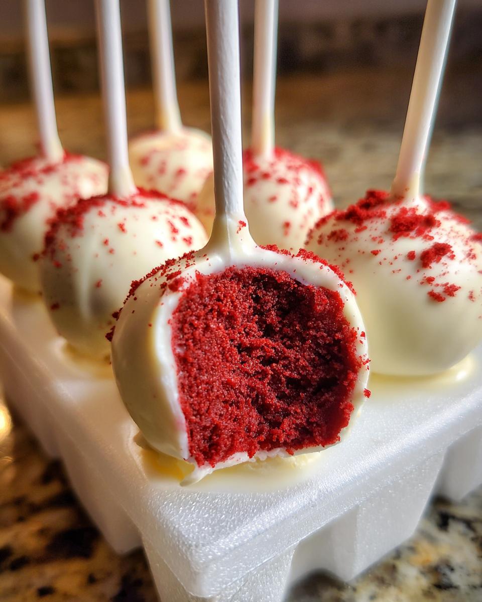 Close-up of a white chocolate coated red velvet cake pop, showing the vibrant red interior texture.