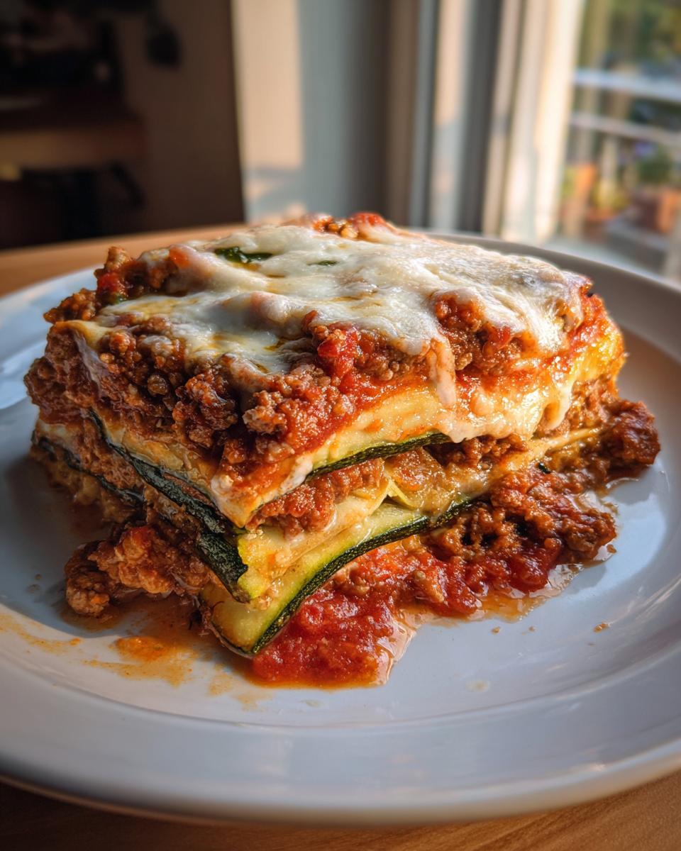 A hearty slice of zucchini lasagna featuring layers of meat sauce, zucchini noodles, and melted mozzarella cheese on a white plate.