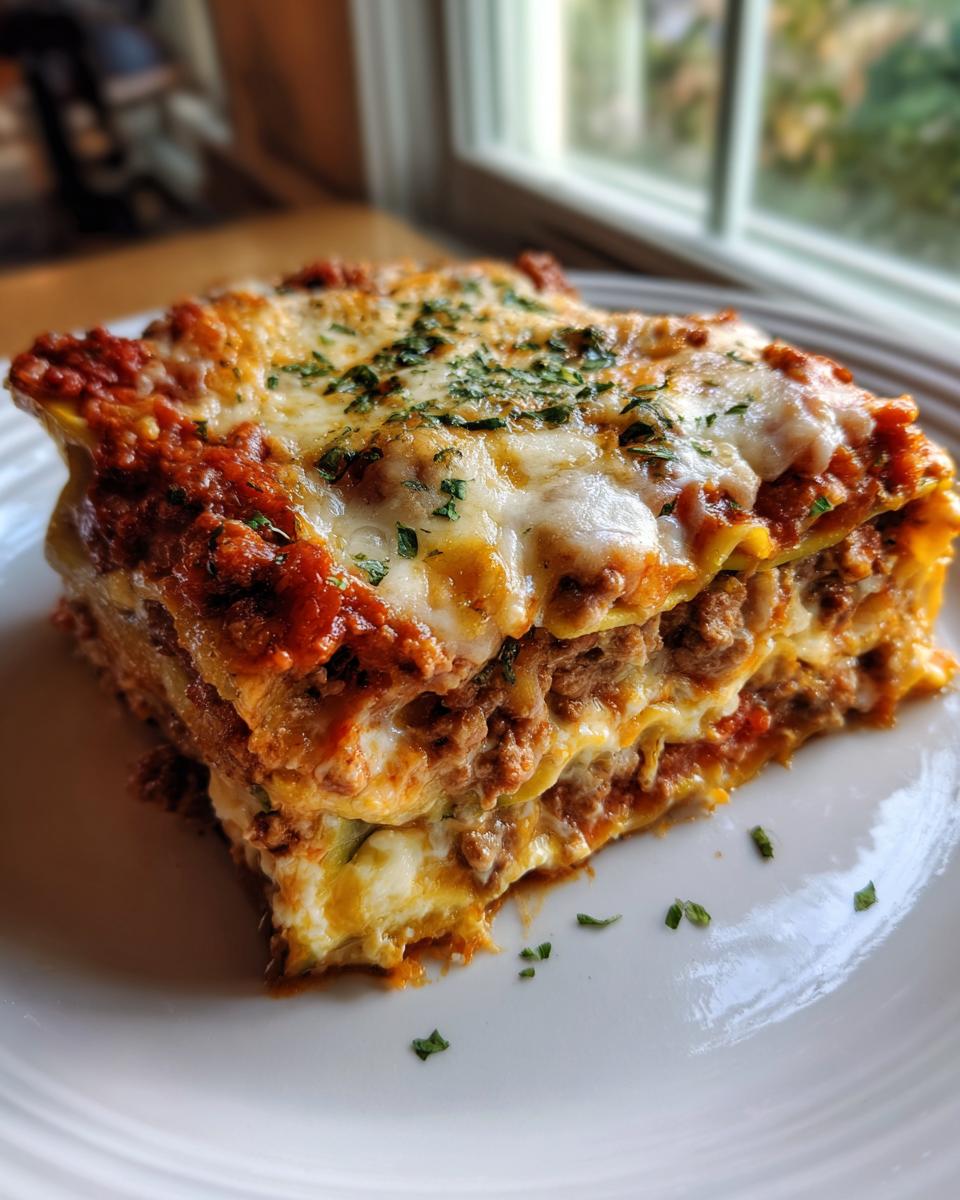 A thick, layered slice of zucchini lasagna topped with melted cheese and fresh parsley, ready to eat.