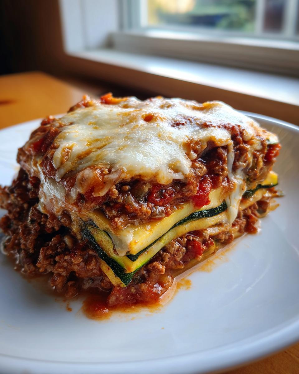 A hearty slice of zucchini lasagna featuring layers of zucchini, meat sauce, and melted mozzarella cheese on a white plate.