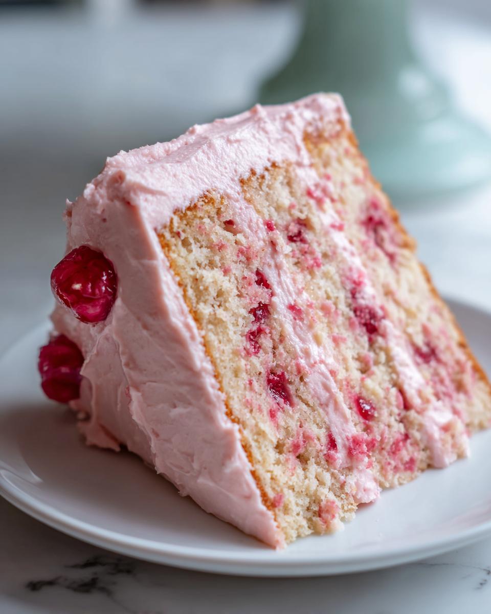 Close-up of a moist slice of 1-layer cherry cake with pink frosting and visible fruit pieces inside.
