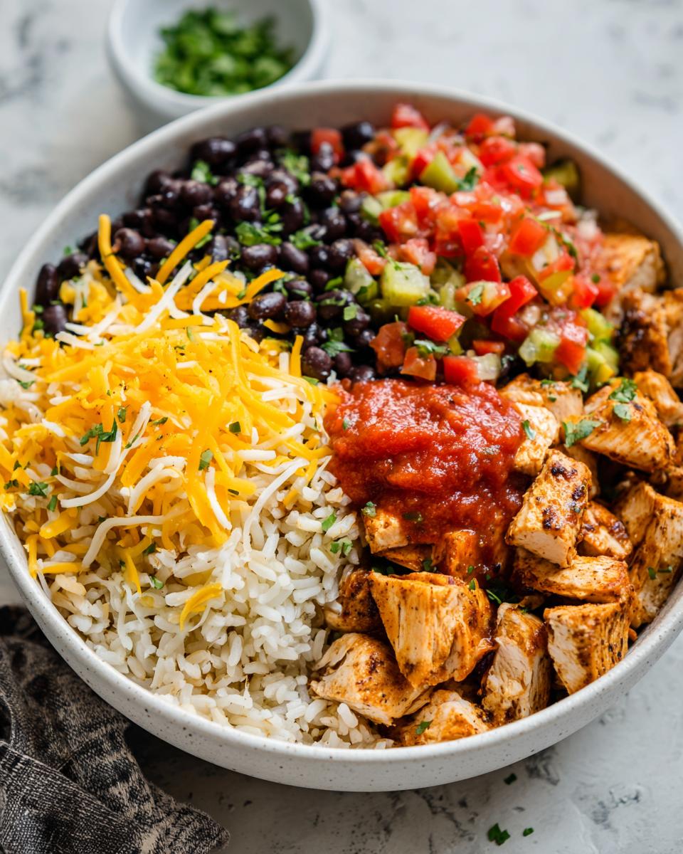 A close-up of a fully loaded chicken burrito bowl featuring seasoned chicken, rice, black beans, shredded cheese, salsa, and pico de gallo.