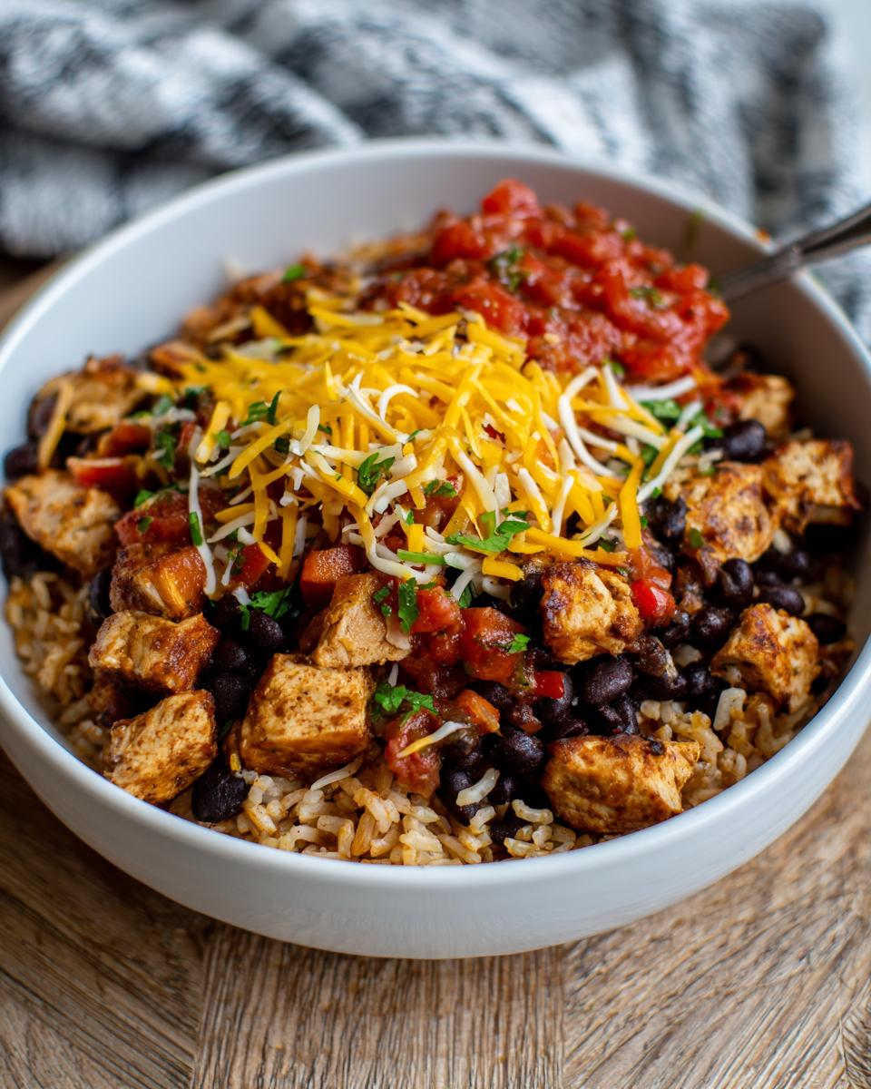 A close-up of a white bowl filled with a delicious chicken burrito bowl featuring seasoned chicken, black beans, rice, salsa, and shredded cheese.