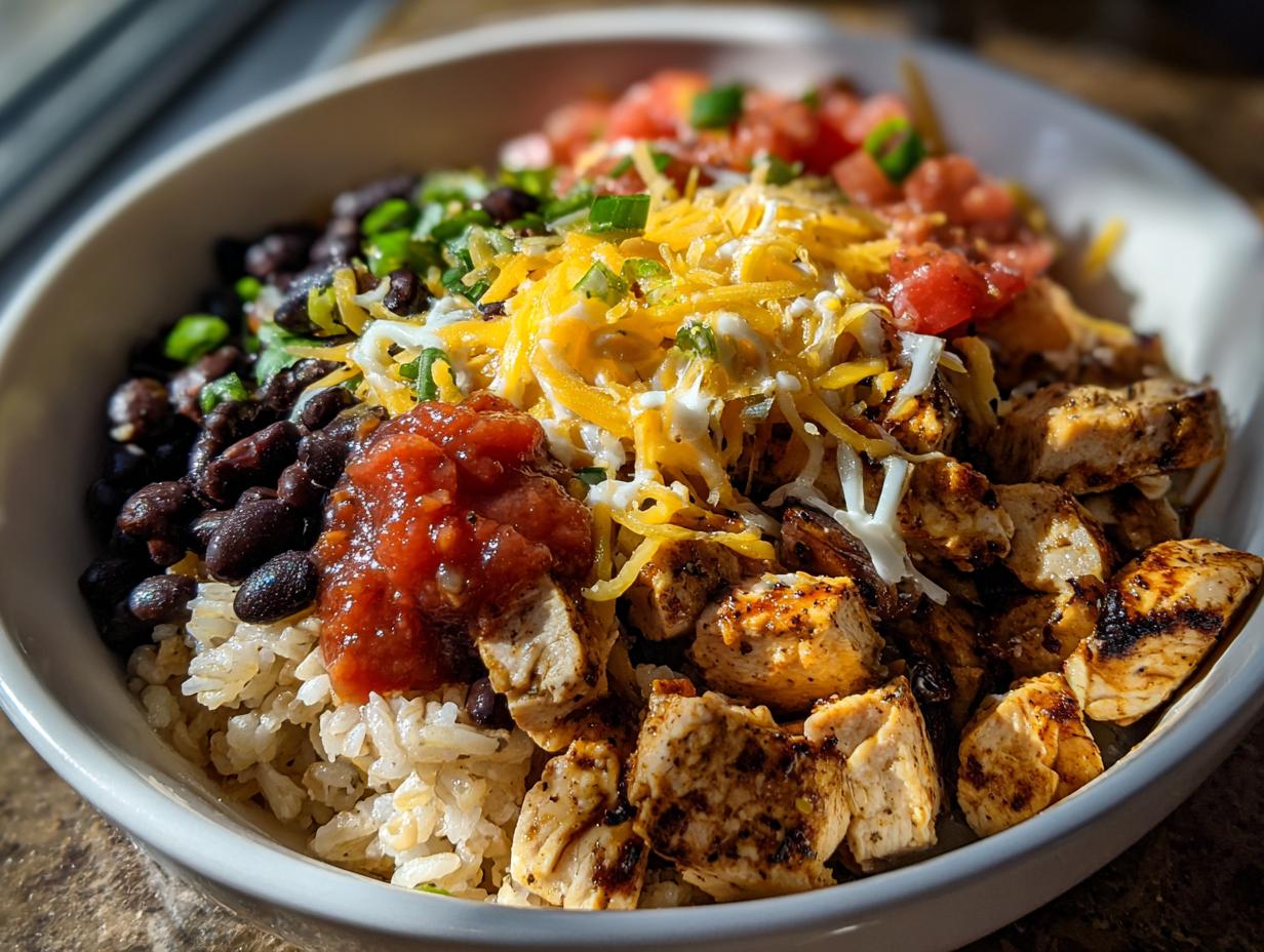 Close-up of a delicious chicken burrito bowl featuring seasoned chicken, brown rice, black beans, salsa, shredded cheese, and pico de gallo.