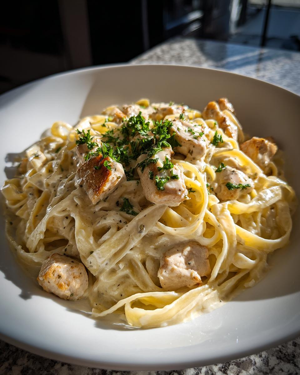 A close-up of creamy chicken fettuccine alfredo pasta, topped with chopped parsley, served in a white bowl.
