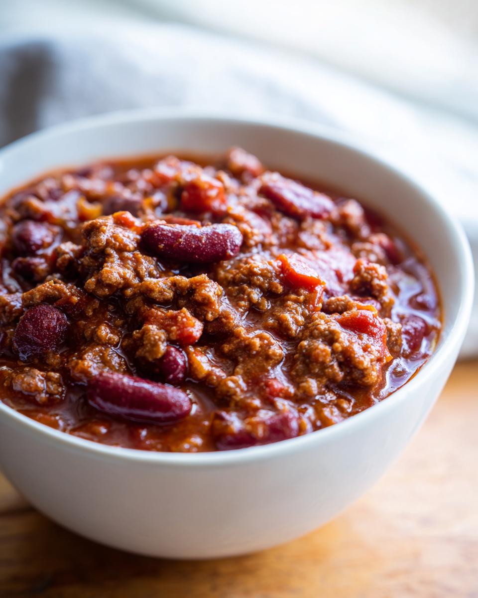 Close-up of a hearty bowl of amazing 1-Pot chili featuring ground meat and dark red kidney beans in a rich sauce.