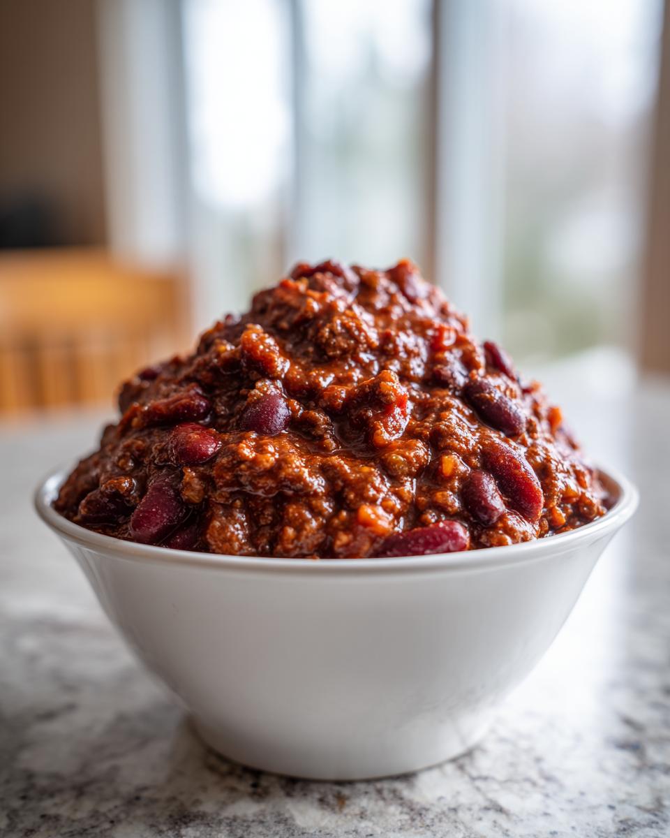 A generous white bowl overflowing with rich, dark red homemade chili featuring visible kidney beans.