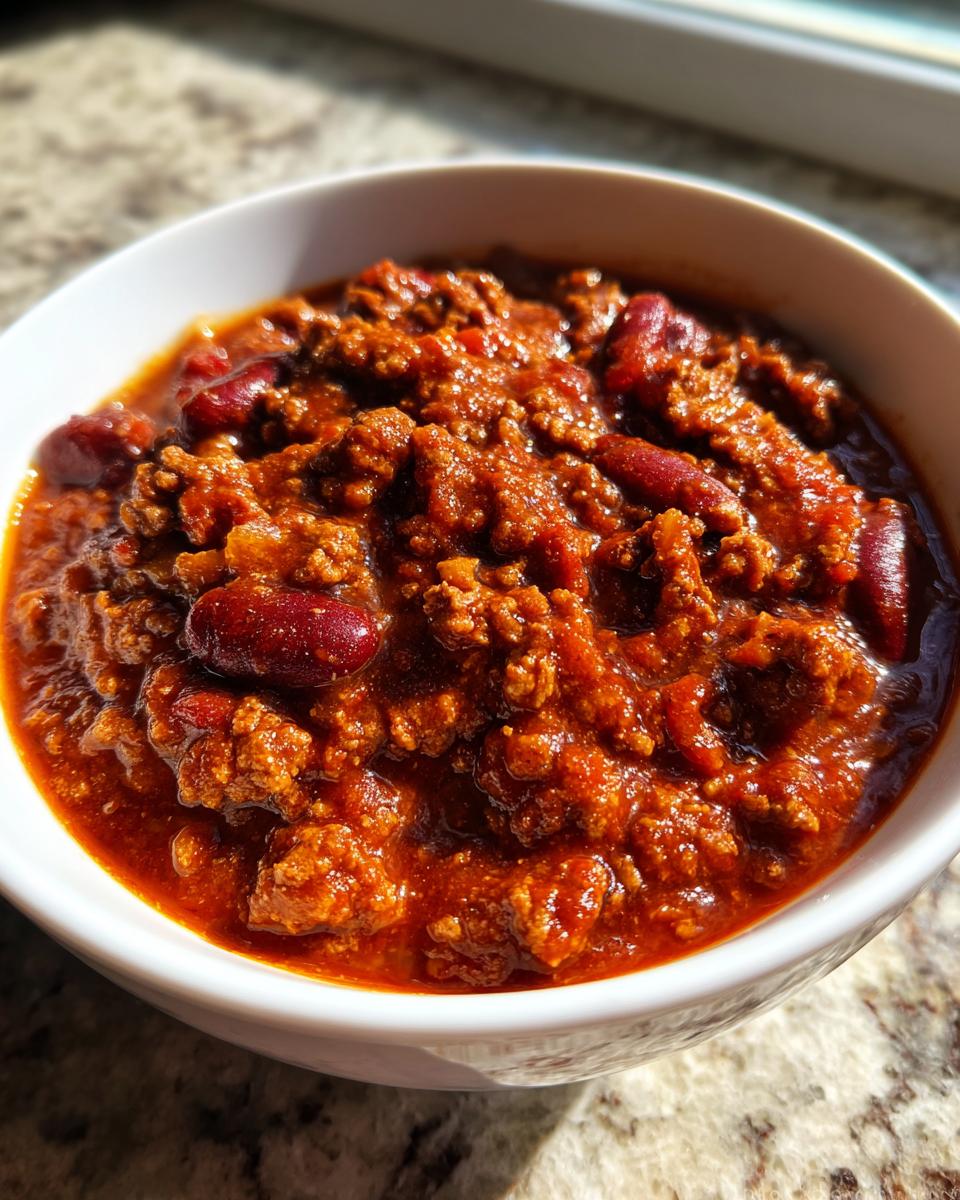 Close-up of a white bowl filled with rich, thick, meaty chili featuring kidney beans, ready to eat.