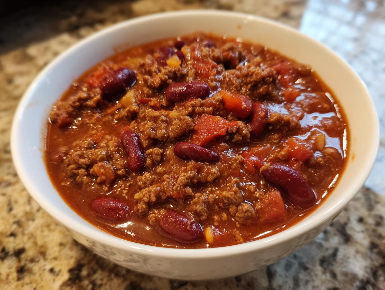 Close-up of a white bowl filled with rich, hearty chili featuring ground meat and kidney beans.