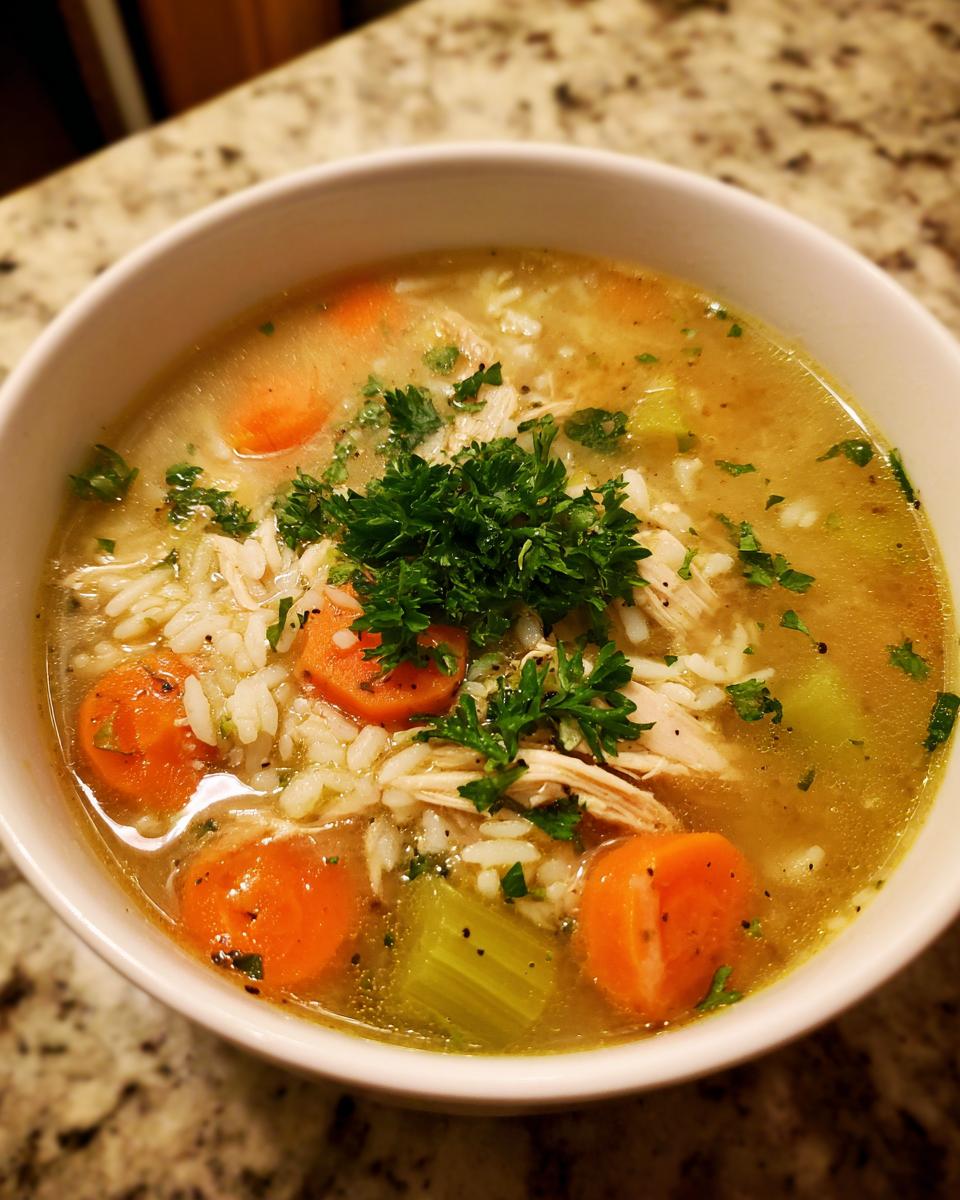 A close-up view of a white bowl filled with amazing 1-pot turkey soup, featuring rice, sliced carrots, celery, and fresh parsley garnish.
