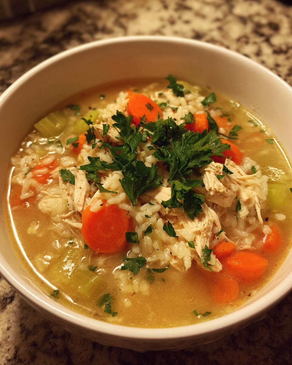 Close-up of a white bowl filled with amazing 1-pot turkey soup, featuring shredded turkey, rice, carrots, and fresh parsley.