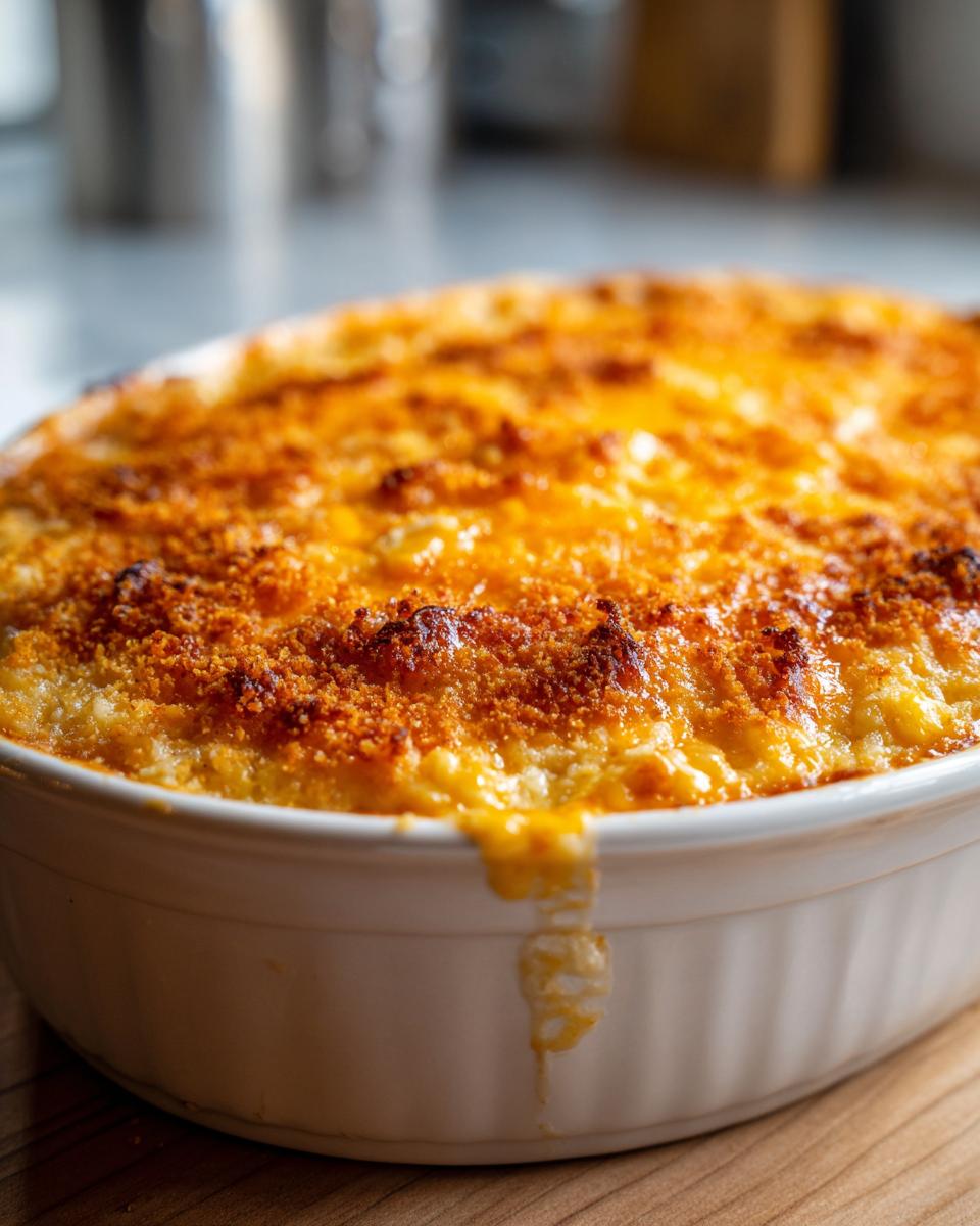 Close-up of a hot, baked corn dip in a white casserole dish with a bubbling, golden-brown cheesy crust.