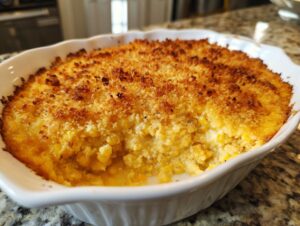 Close-up of a baked corn dip in a white dish, featuring a creamy interior and a crispy, golden-brown topping.