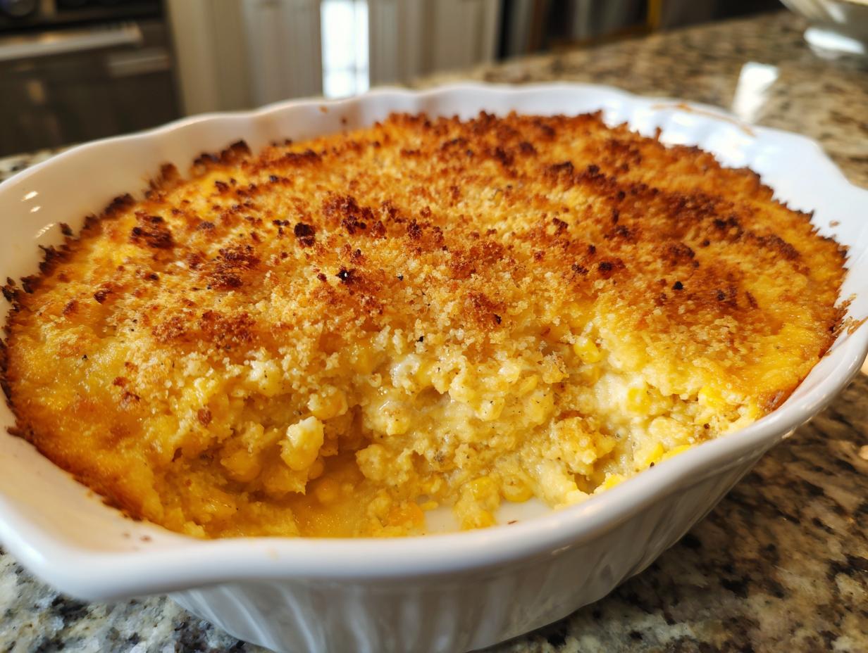 Close-up of a baked corn dip in a white dish, featuring a creamy interior and a crispy, golden-brown topping.