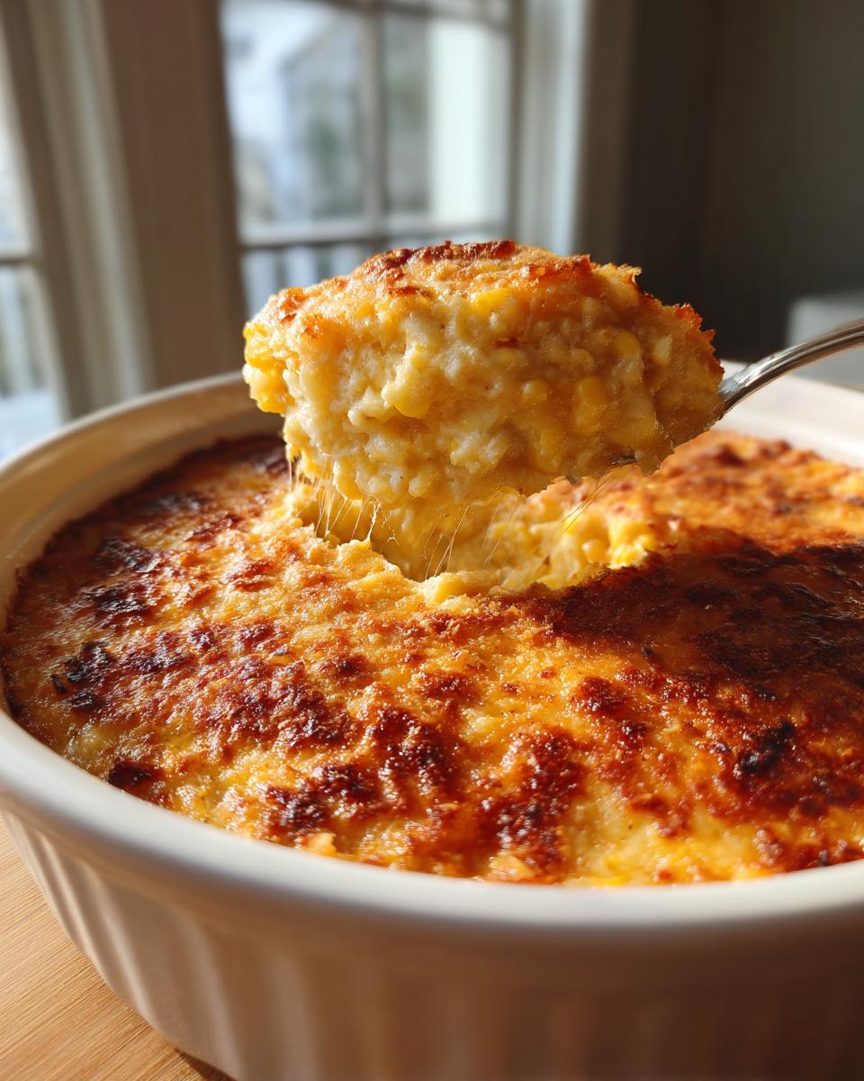 A spoonful of cheesy, baked corn dip being lifted from a white baking dish, showing melted cheese strings.