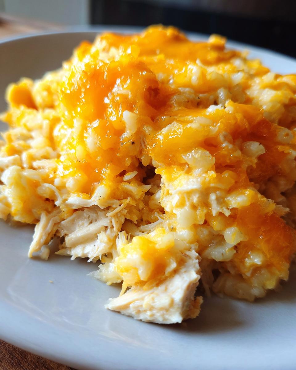 A close-up serving of creamy chicken and rice casserole topped with melted bright orange cheddar cheese.