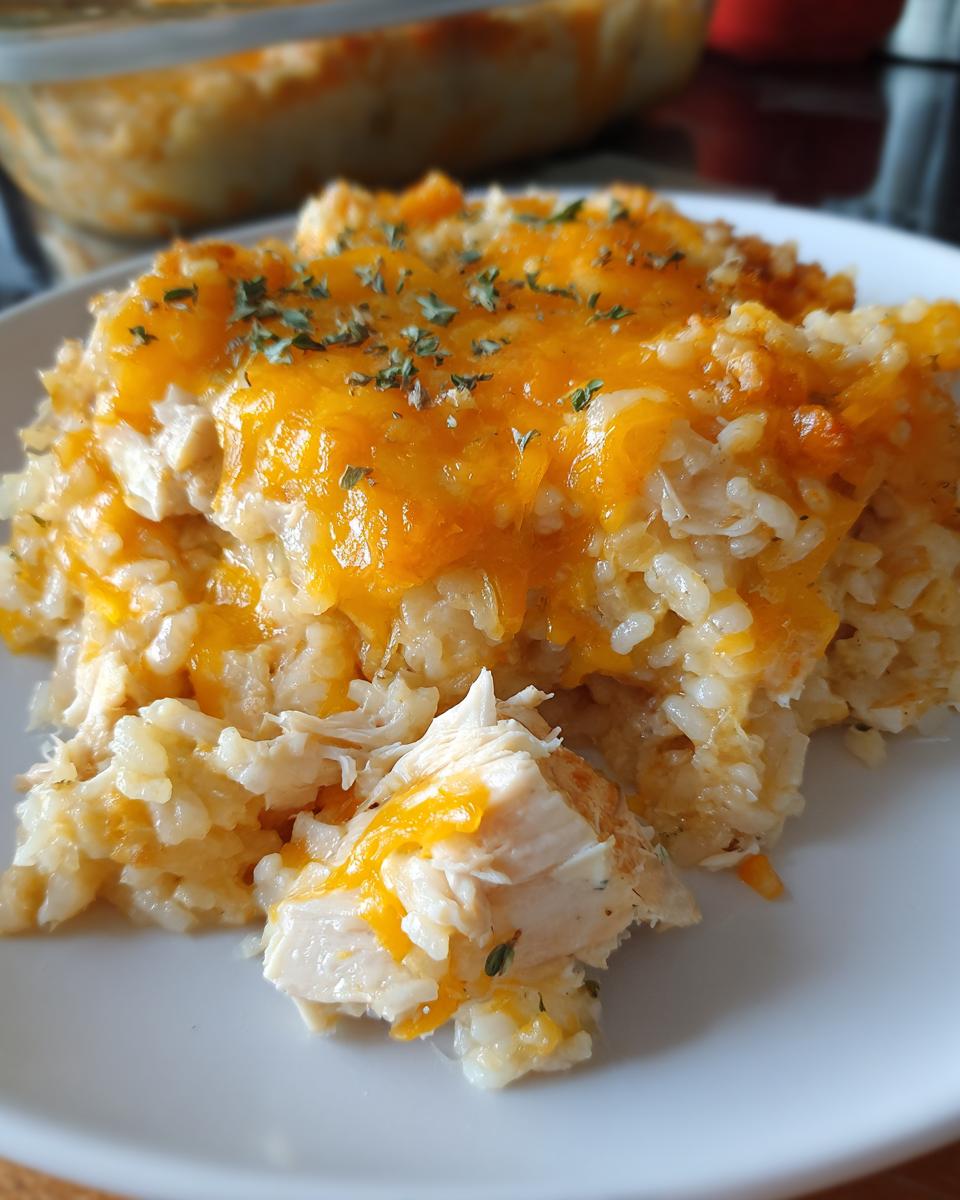 Close-up of a serving of creamy chicken and rice casserole topped with melted cheddar cheese and herbs.
