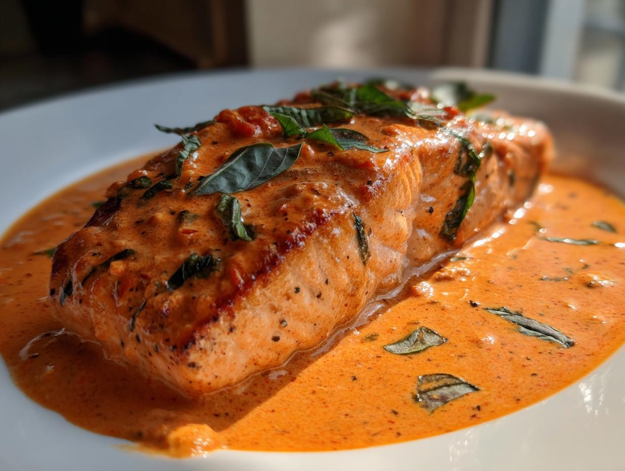 A perfectly cooked salmon recipe fillet smothered in a rich, creamy orange-red sauce and topped with fresh basil leaves.