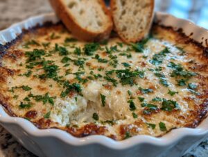 Close-up of a hot, cheesy bread dip topped with parsley, served with toasted bread slices for dipping.