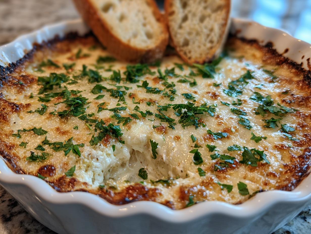 Close-up of a hot, cheesy bread dip topped with parsley, served with toasted bread slices for dipping.