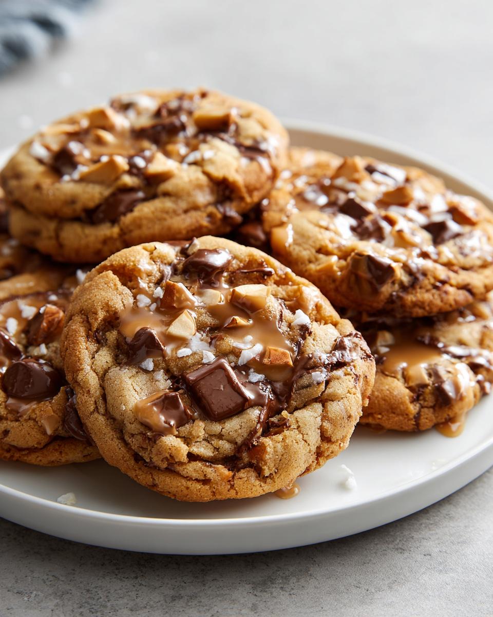 A stack of freshly baked almond joy cookies topped with melted chocolate chunks, nuts, caramel sauce, and sea salt flakes.