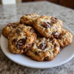 A stack of warm, chewy almond joy cookies featuring melted chocolate chips and toasted coconut.