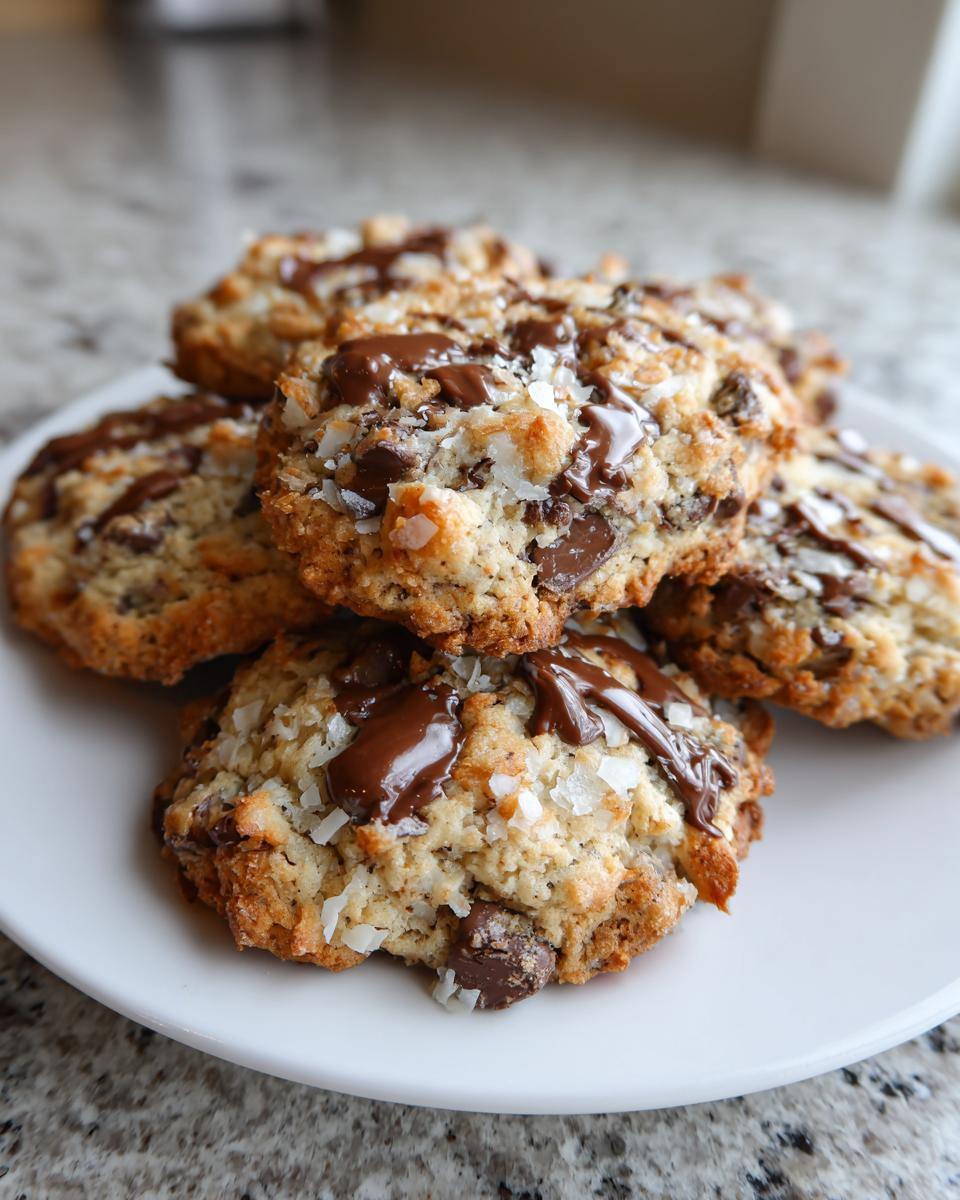 A stack of freshly baked almond joy cookies topped with shredded coconut and melted chocolate drizzle.