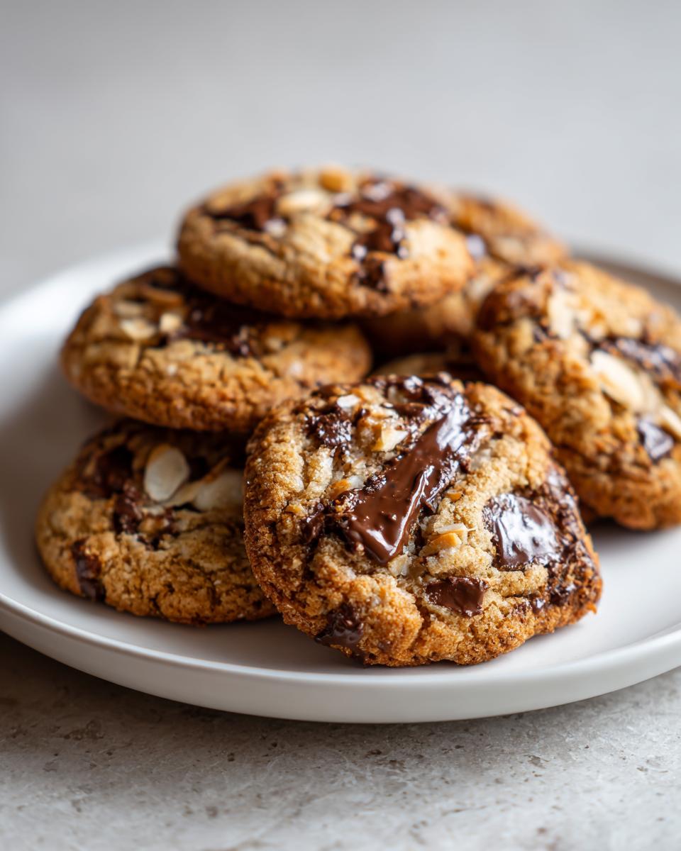 A close-up of several freshly baked almond joy cookies stacked on a white plate, featuring melted chocolate and visible nuts.