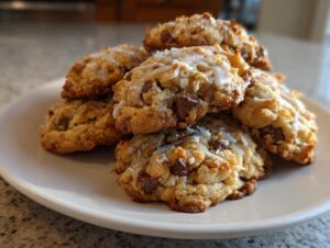 A stack of freshly baked almond joy cookies featuring coconut, chocolate chunks, and a white glaze drizzle.