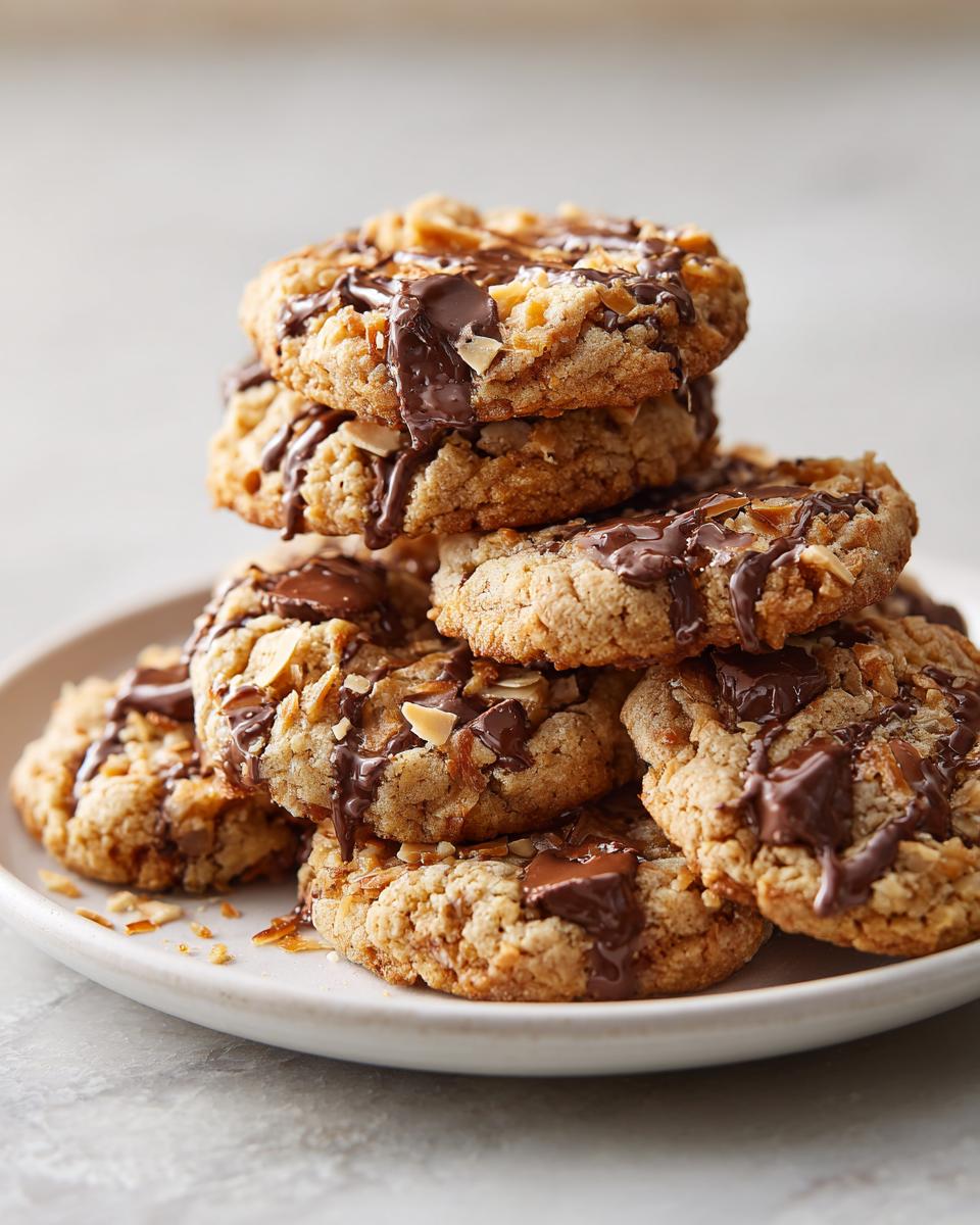 A stack of freshly baked almond joy cookies drizzled generously with melted chocolate.