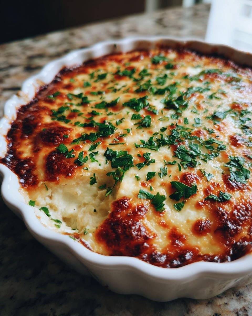 Close-up of a baked, creamy bread dip in a white ruffled dish, topped with browned cheese and fresh parsley.