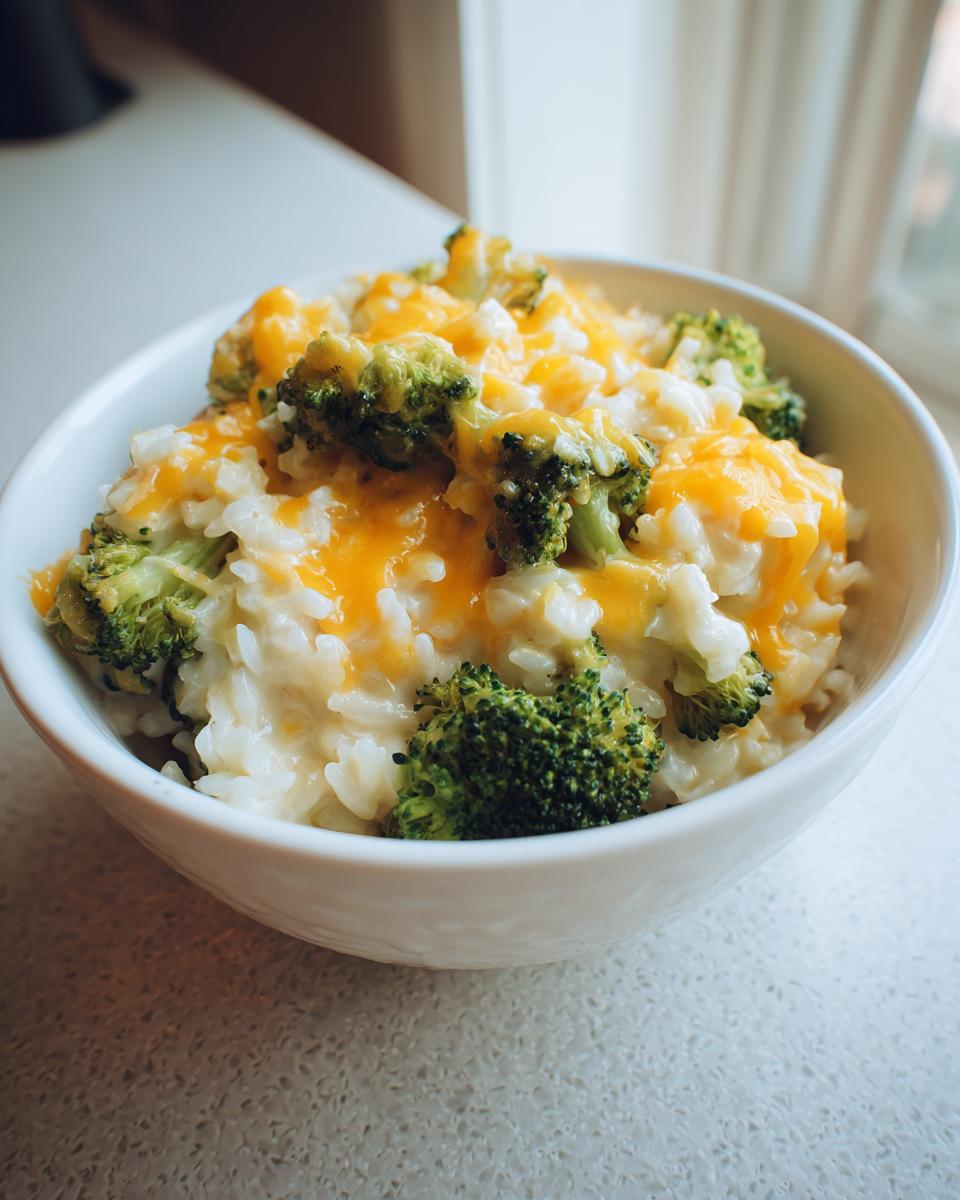 A close-up of a white bowl filled with creamy broccoli rice topped generously with melted cheddar cheese.