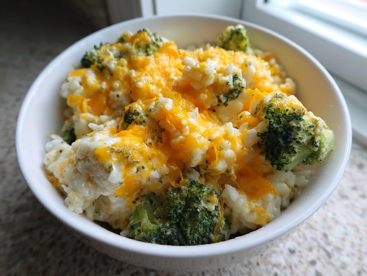 A close-up of a white bowl filled with creamy broccoli rice topped generously with melted cheddar cheese.