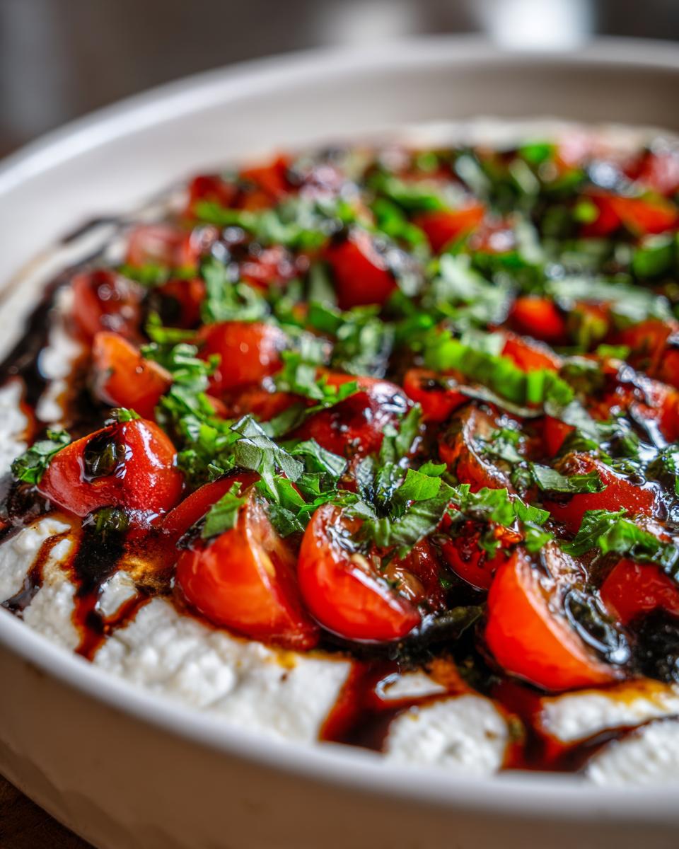 A close-up view of a creamy bruschetta dip topped with halved cherry tomatoes, fresh basil, and a balsamic glaze.