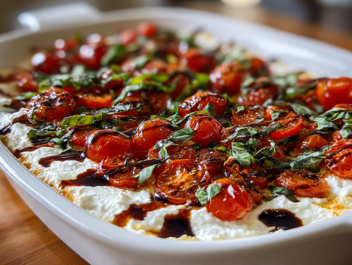 Close-up of a baked bruschetta dip featuring creamy cheese topped with roasted cherry tomatoes, fresh basil, and balsamic glaze.