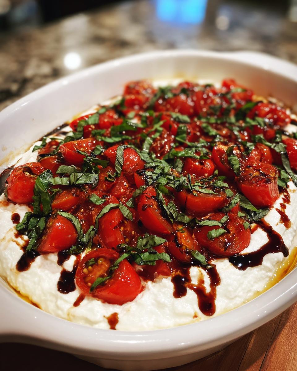 Close-up of baked bruschetta dip featuring creamy cheese topped with roasted cherry tomatoes, fresh basil, and balsamic glaze.