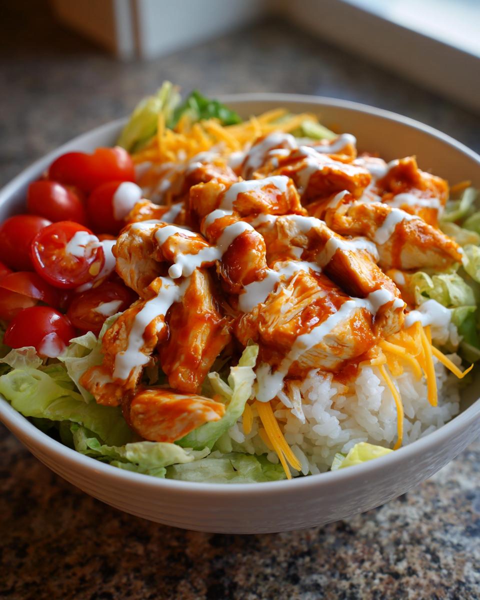 A close-up of a delicious buffalo chicken bowl featuring rice, lettuce, cherry tomatoes, shredded cheese, and buffalo chicken topped with ranch dressing.