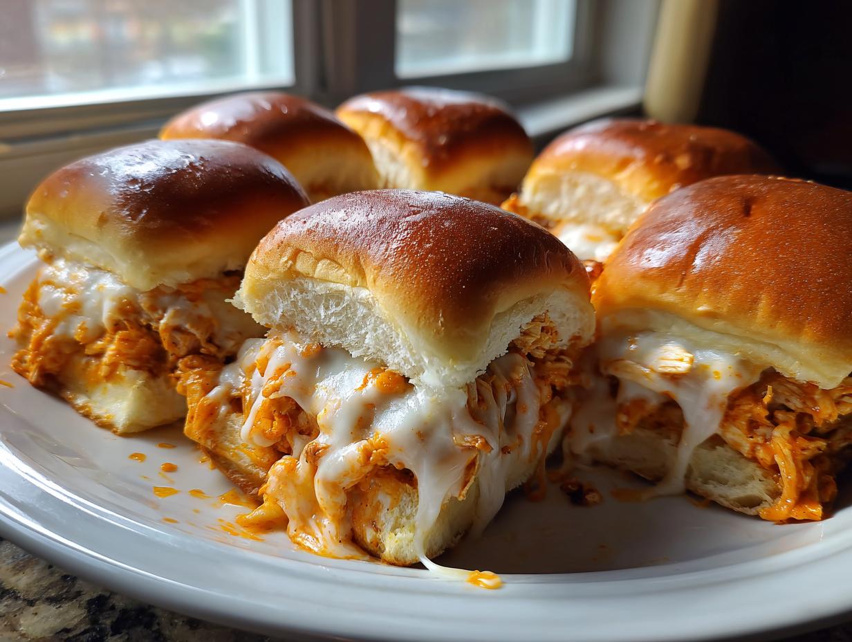 Close-up of several gooey buffalo chicken sliders piled high with melted white cheese on a white plate.